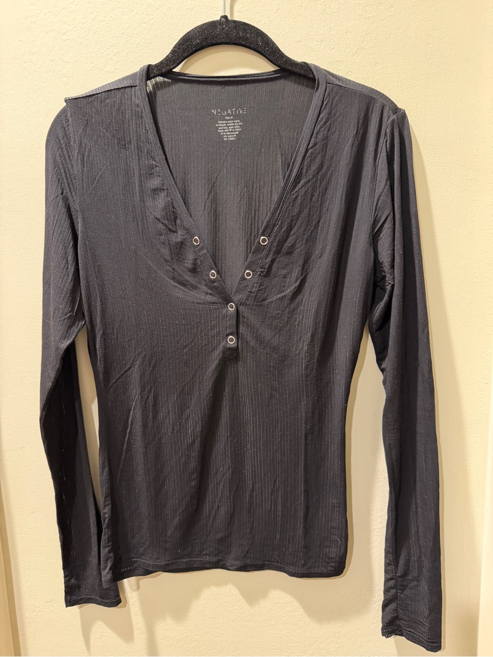 Negative Underwear Whipped Henley Ribbed Long Sleeve Sleep Top Black